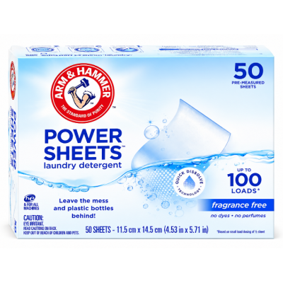 Концентровані листи для прання Arm & Hammer Power Sheets Fragrance Free без запаху, до 100 прань, 50 шт
