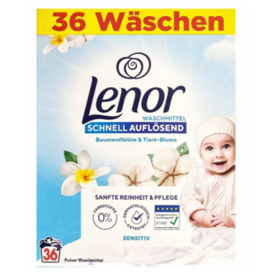 Ніжний пральний порошок Lenor Sensitive для чутливої шкіри, 1,98 кг, 36 пр