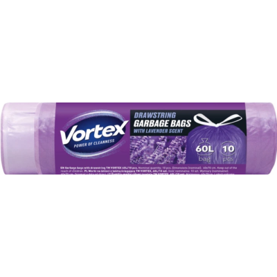 Пакеты для мусора VORTEX HDPE 60 л фиолетовые с затяжкой, лаванда 10 шт