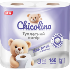Папір туалетний Chicolino 3-шаровий, біла целюлоза, 4 шт