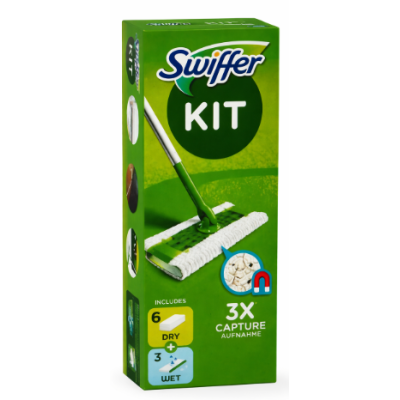 Швабра для мытья полов Swiffer Kit + 6 сухих и 3 влажных салфетки (в оригинальной заводской крафтовой упаковке)