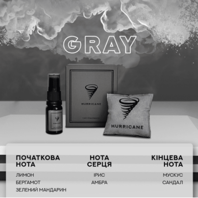 Аромасаше для авто HURRICANE GRAY з флаконом, 10 мл