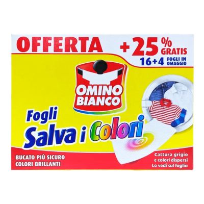 Серветки для поглинання кольорів при пранні Omino Bianco Salva i Colori 16+4 (20 шт.)